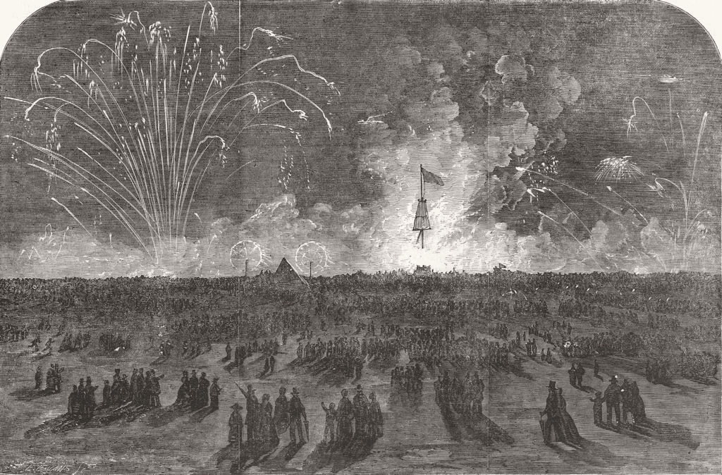 LONDON. Fireworks, Blackheath, for Crimea victory 1855 old antique print