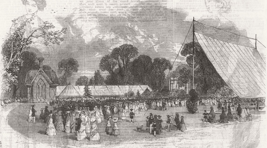 GLOS. Flower show, Royal wells, Cheltenham 1851 old antique print picture
