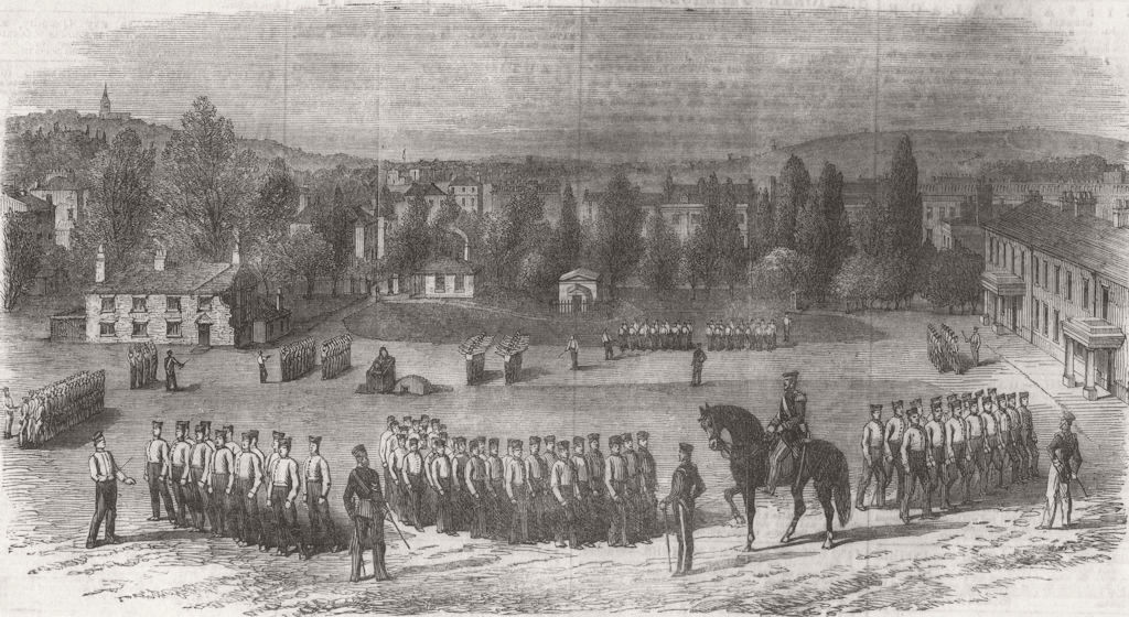 LONDON. Foot guards drill, St John's Wood Barracks 1854 old antique print