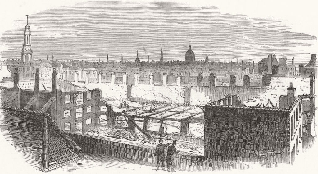 LONDON. Ruins of fire, London-Wall, Carpenters Hall 1849 old antique print