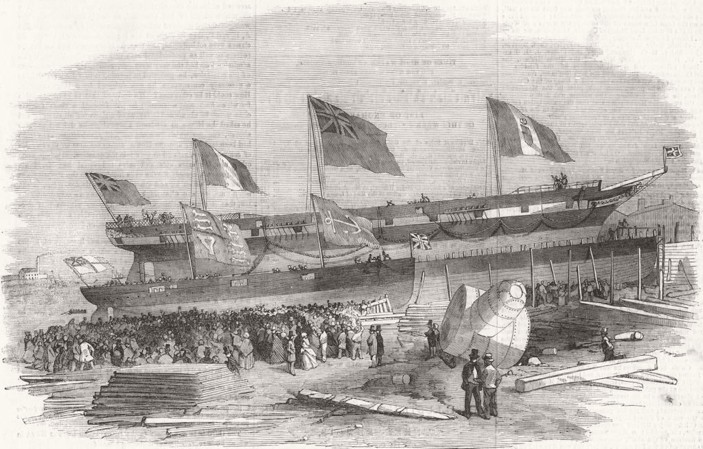 LONDON. SteamShip launch, Mare's, Blackwall 1856 old antique print picture