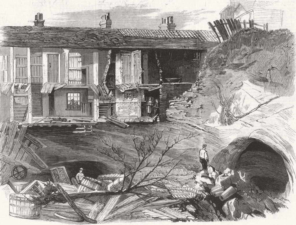 DEVON. Fall of cottages into sand cave, Reigate 1860 old antique print picture