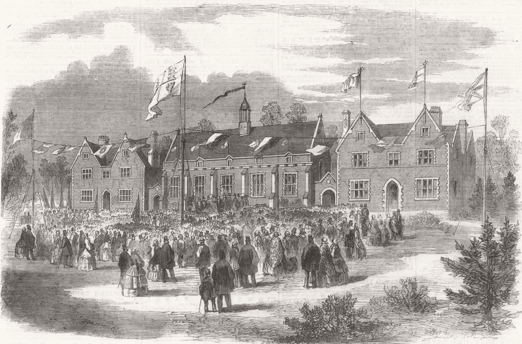 DEVON. unveiling of new grammar school, Crediton 1860 old antique print