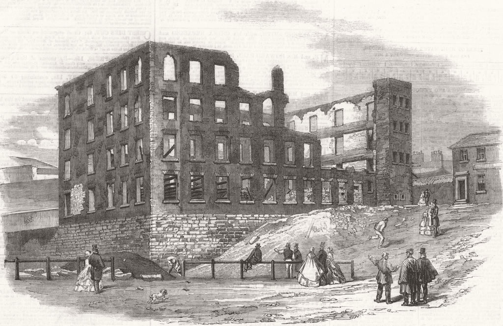 LANCS. Swallow St Factory ruin, Blackburn, burnt down 1860 old antique print