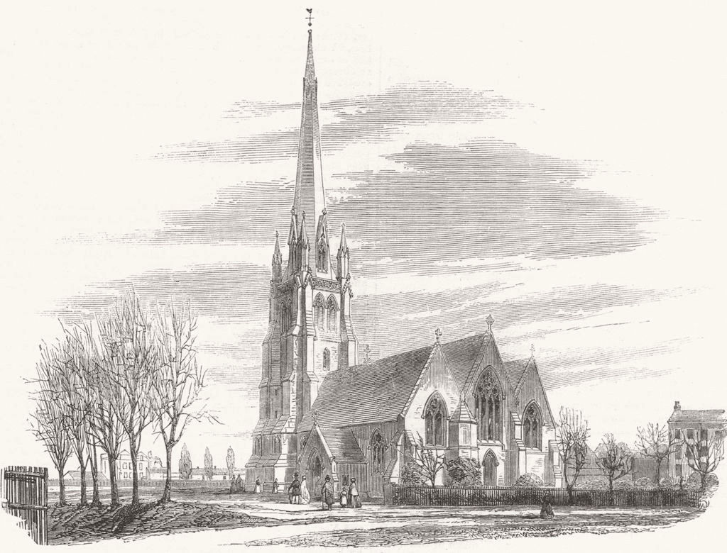 Christ Church, Hampstead, London 1860 old antique vintage print picture