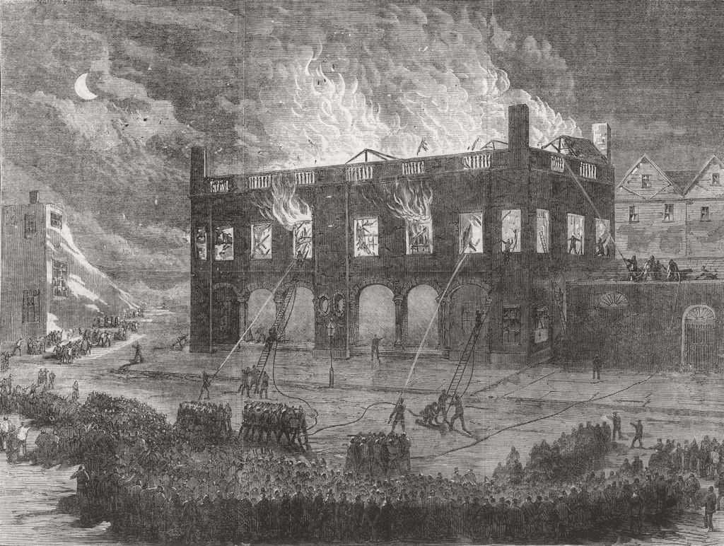 CHESHIRE. Cotton Famine. Chester Townhall ablaze 1863 old antique print