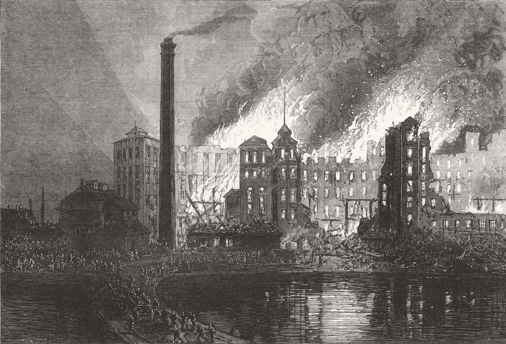 LANCS. Burning of Cockhedge Mill, Warrington 1872 old antique print picture