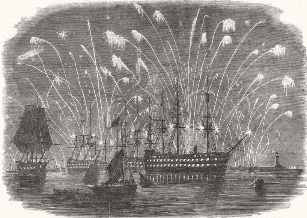 DEVON. Crimean Peace Celebration, Plymouth-Fleet lit up 1856 old antique print