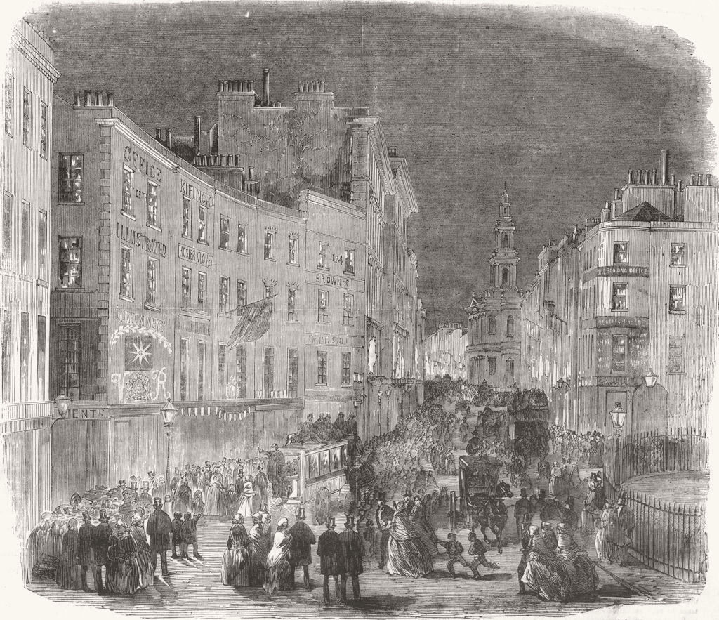 LONDON. Crimean War. Peace Illumination. Strand 1856 old antique print picture