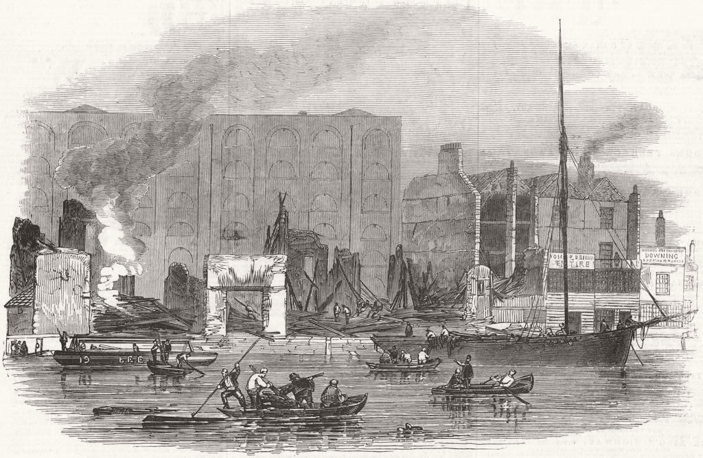 LONDON. Ruins of Irongate Wharf, after fire 1847 old antique print picture
