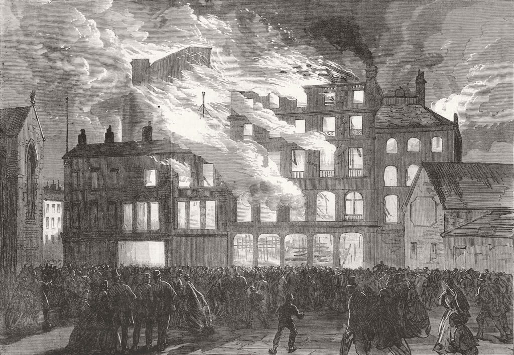 Associate Product LANCS. Compton House ablaze, Church St, Liverpool 1865 old antique print