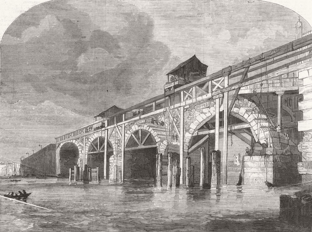 LONDON. demolition of Westminster Bridge 1860 old antique print picture