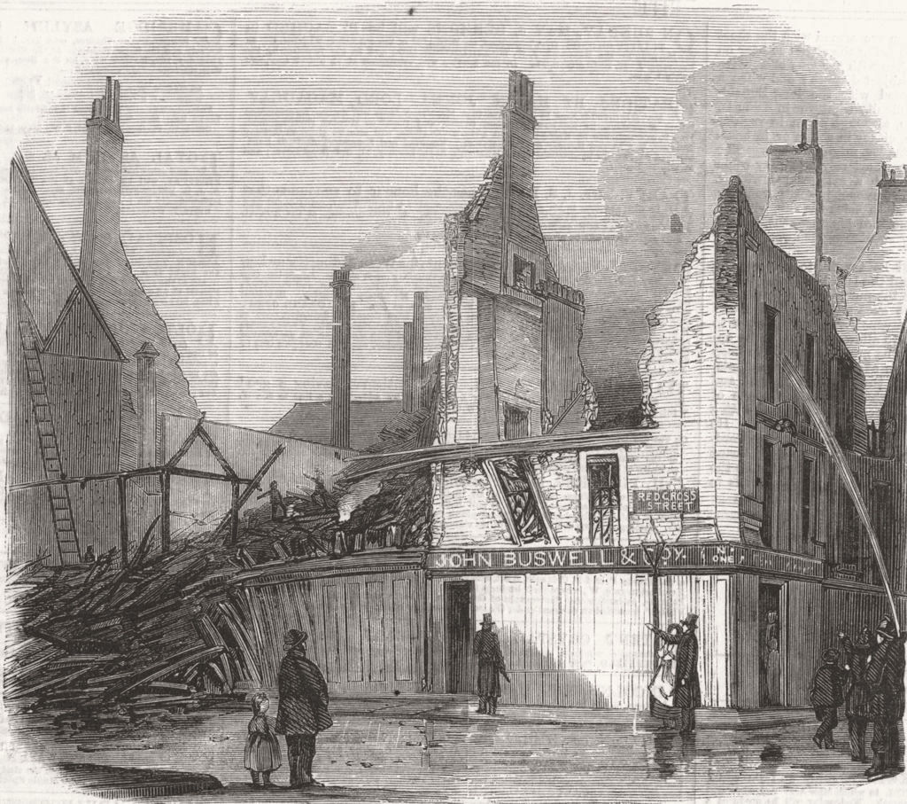 LONDON. Redcross St. fire, Redcross St-ruins 1860 old antique print picture