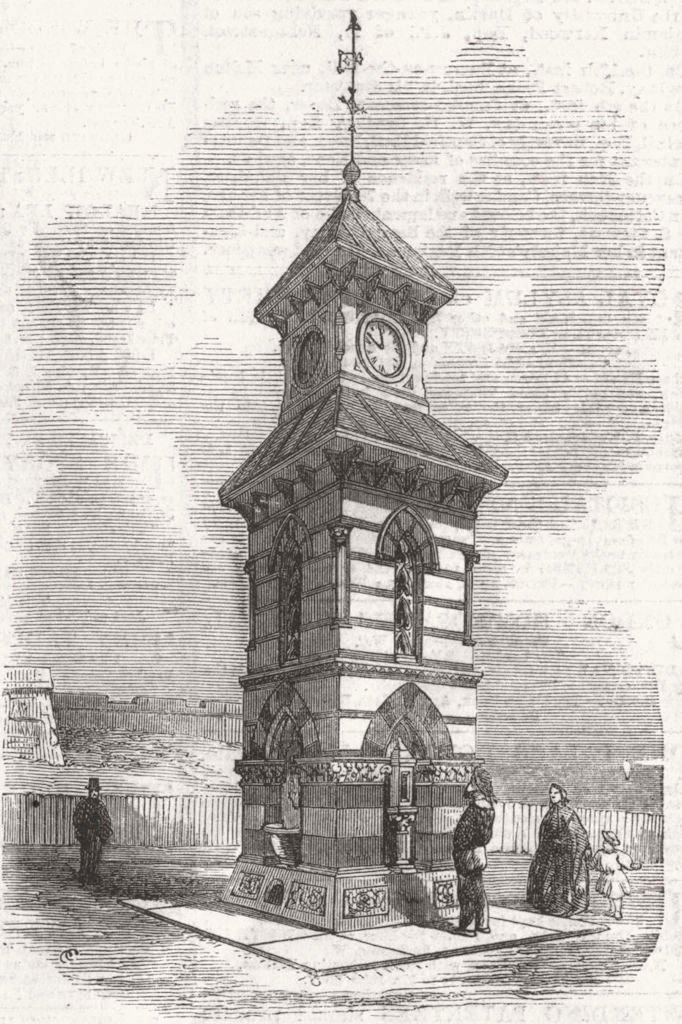 NORTHUMBS. Clock-Tower, Drinking-Fountain, Tynemouth 1861 old antique print