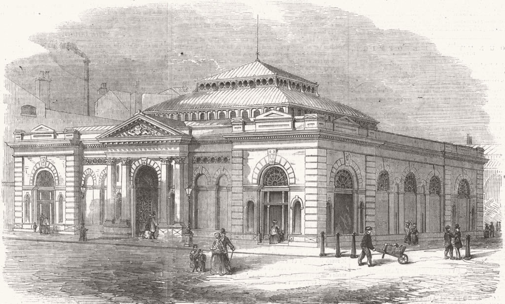 LANCS. New markets, course of erection, Manchester 1857 old antique print