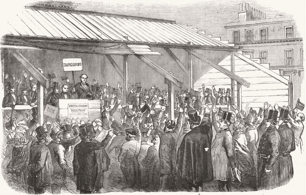 Associate Product LONDON. Finsbury Election. Clerkenwell hustings 1857 old antique print picture