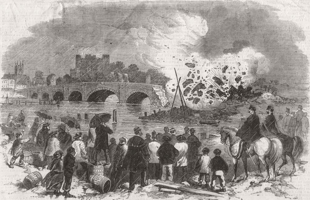 Associate Product KENT. Demolition of Rochester Bridge 1857 old antique vintage print picture