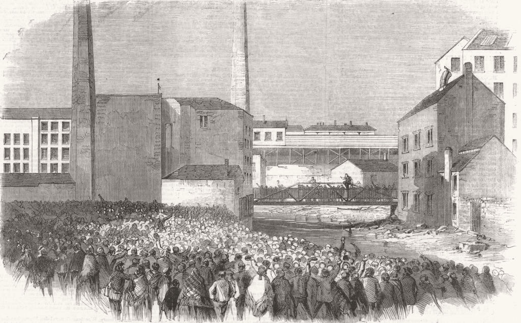 Associate Product LANCS. Famine. Protest, Johnson's Mill, Stalybridge 1861 old antique print