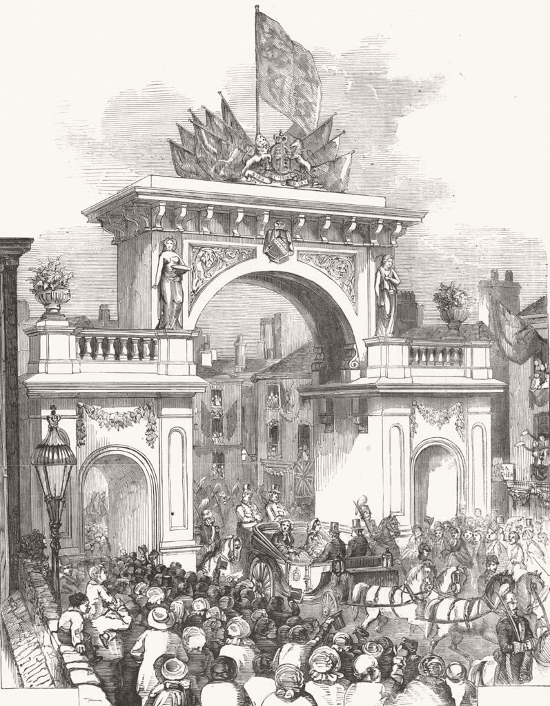 LANCS. Triumphal Arch, Albert Bridge, Manchester 1857 old antique print
