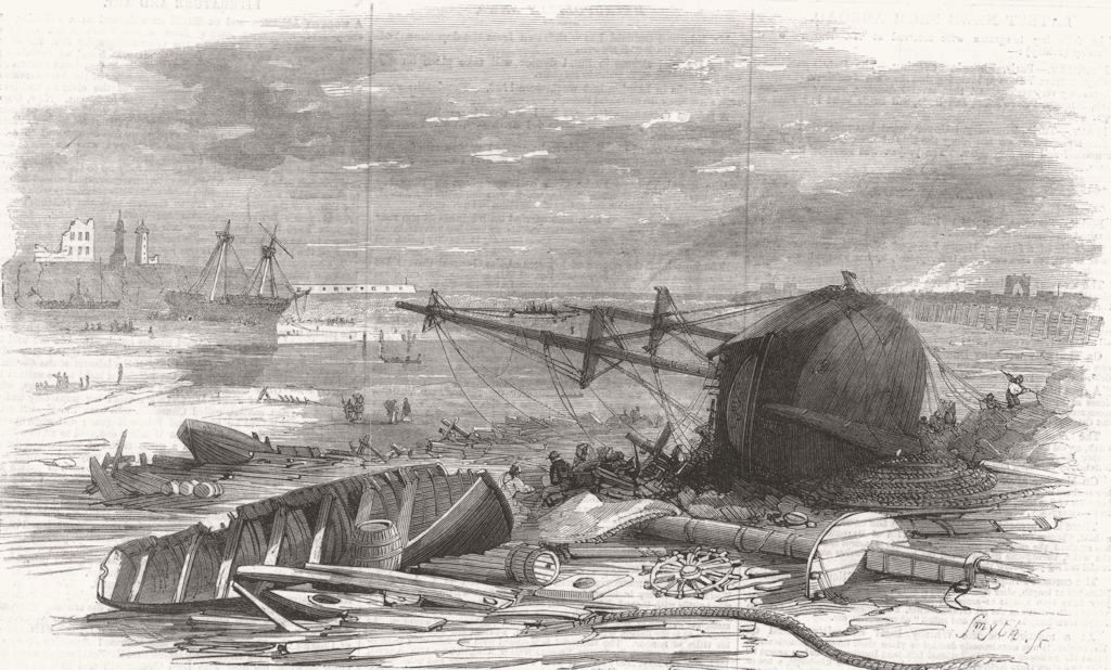 NORTHUMBS. wind-Scene, Shore nr Tynemouth 1861 old antique print picture