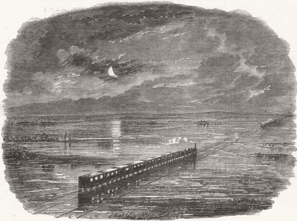 DURHAM. Railway flood nr Darlington & Ferry Hill 1852 old antique print