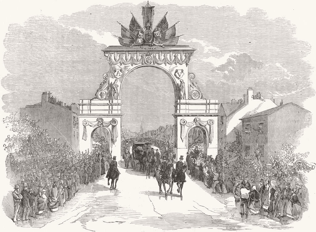 LANCS. Triumphal Arch, Stretford Rd, Manchester 1857 old antique print picture