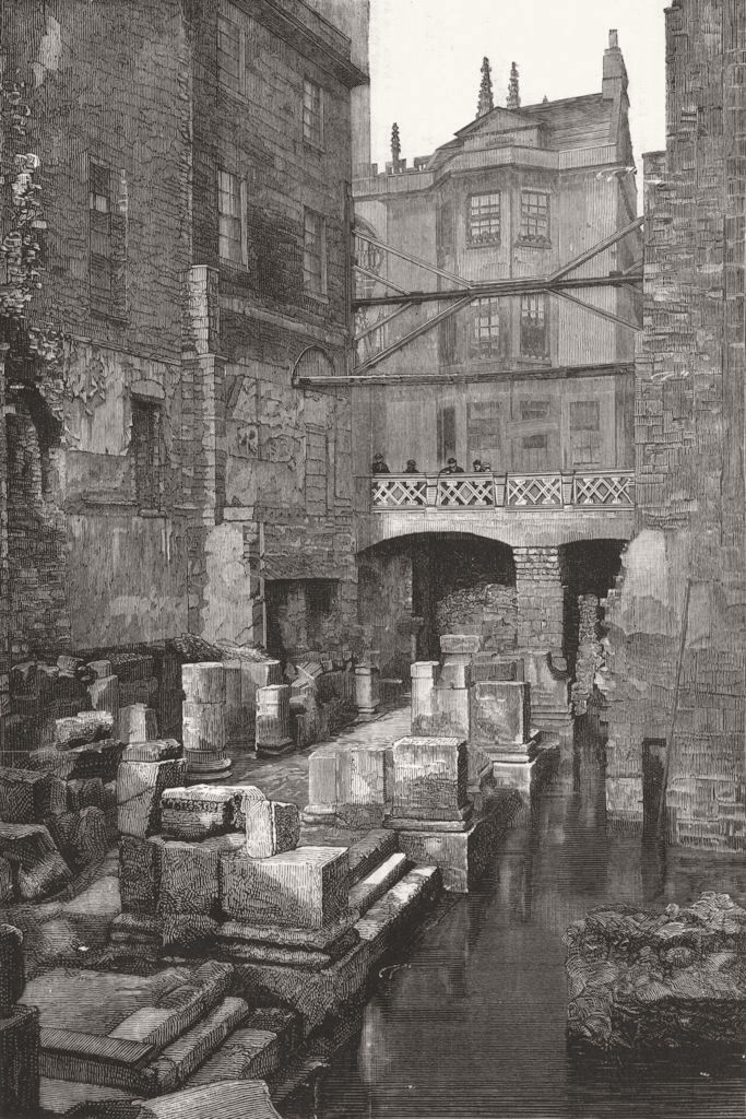 SOMT. -excavated Roman Bath, Bath 1883 old antique vintage print picture