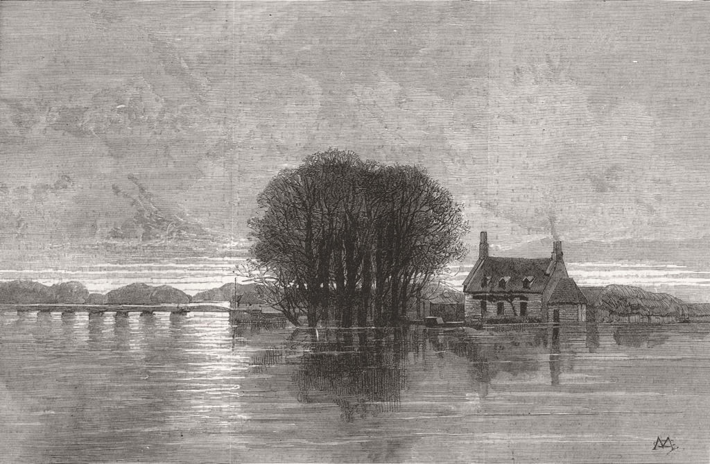 NORTHANTS. Fen Floods. Between Peakirk & Crowland 1880 old antique print