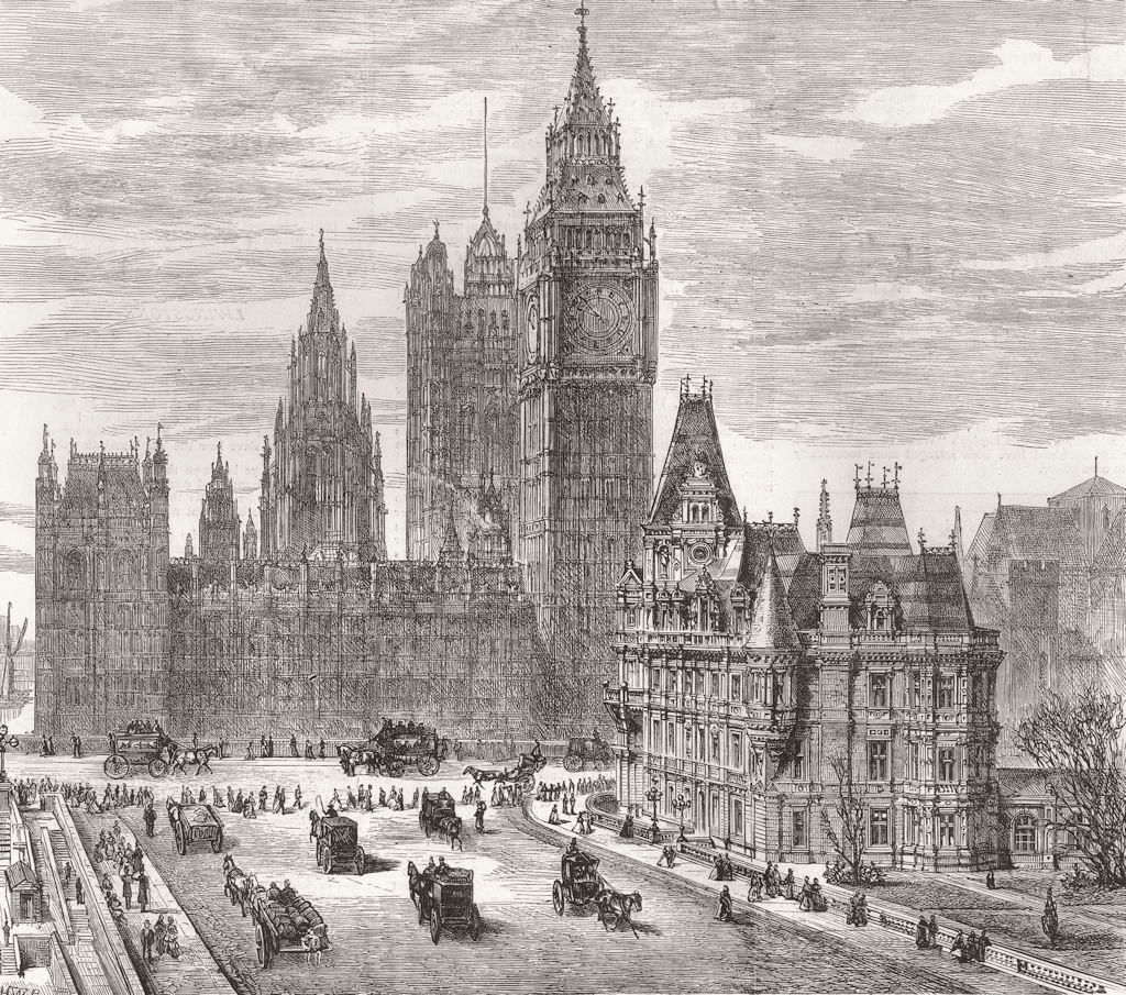LONDON. St Stephen's Club, Victoria Embankment 1874 old antique print picture