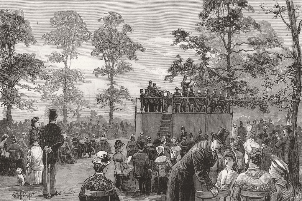 LONDON. The band in Hyde Park 1881 old antique vintage print picture