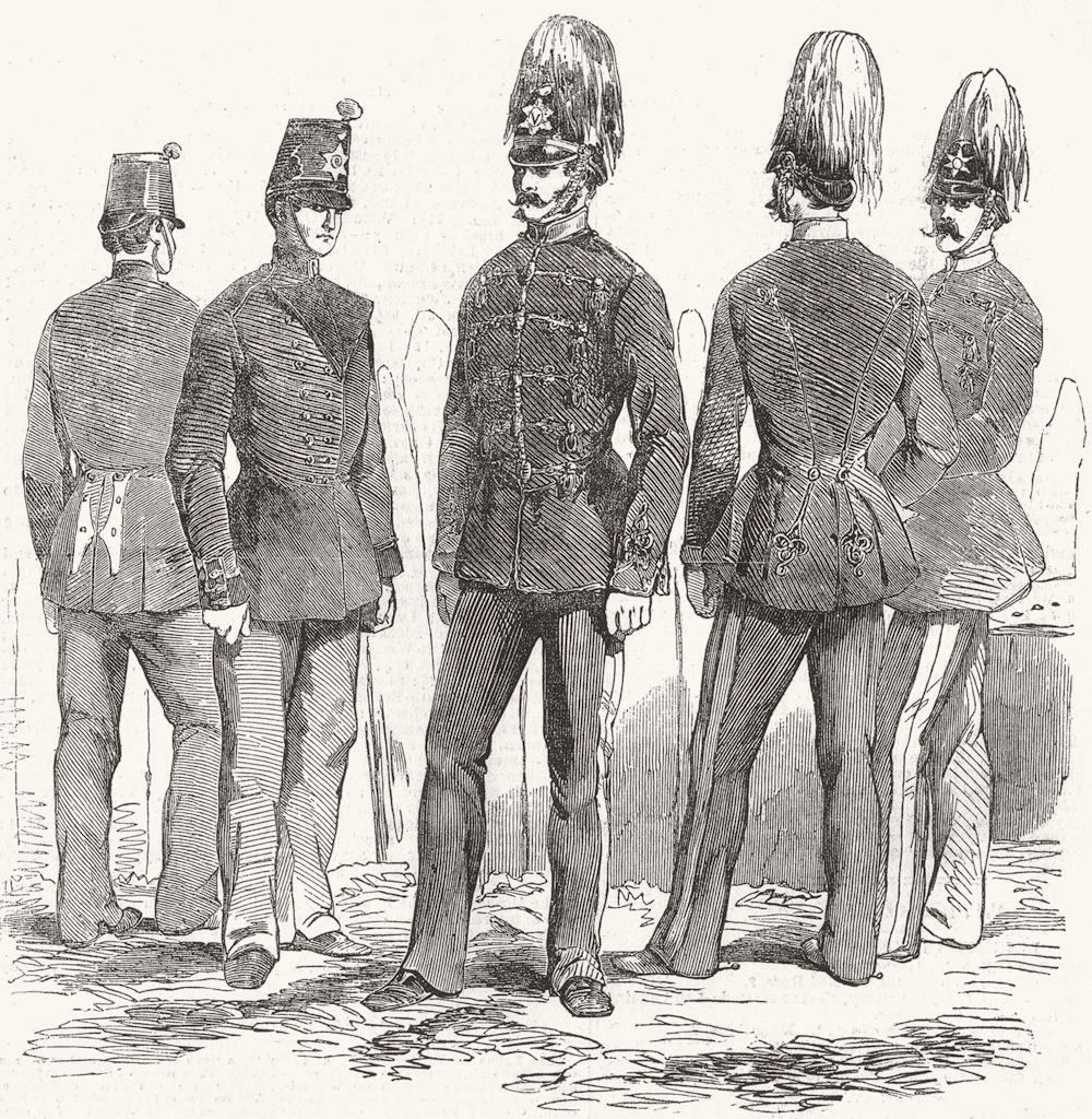 MILITARIA. new uniforms for light troops & Cavalry 1854 old antique print