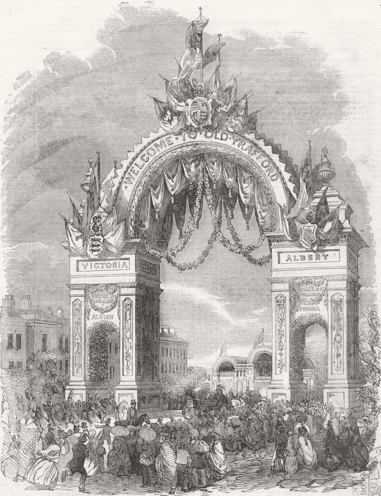 LANCS. Triumphal Arch at old Trafford 1857 antique vintage print picture
