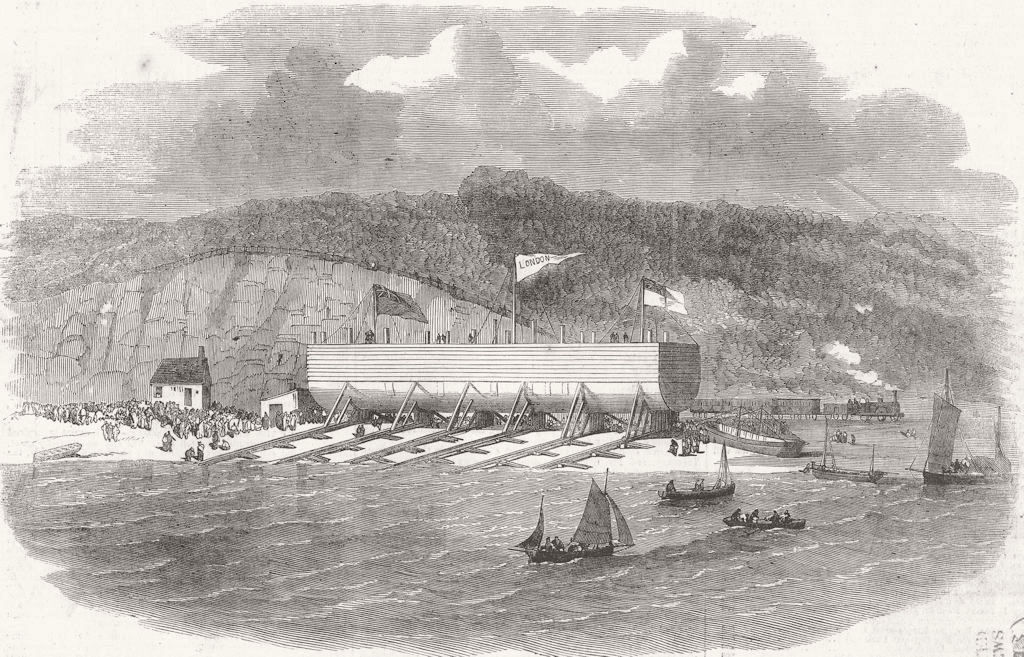 MILFORD HAVEN. Pontoon Launch, Gt East, Neyland  1854 old antique print
