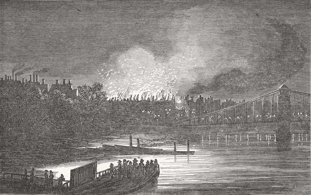 LONDON. Fire, Hungerford Hall, Strand 1854 old antique vintage print picture