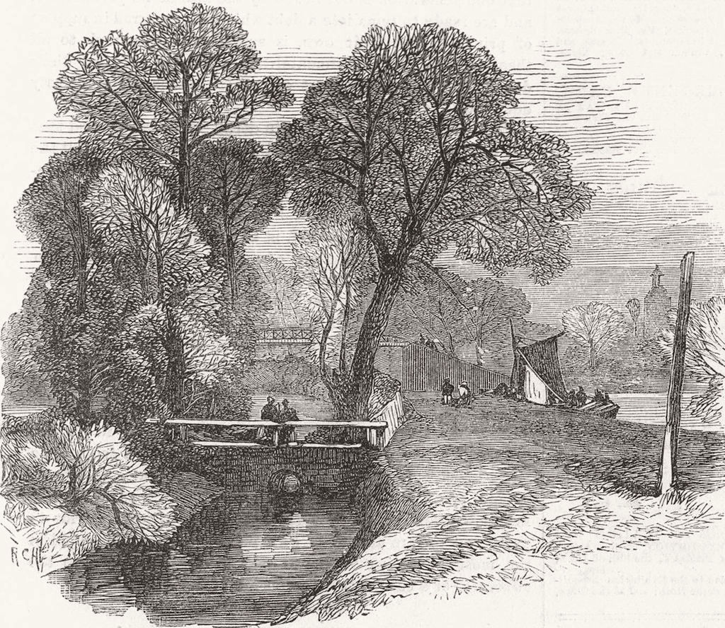 SURREY. Angling. Breeding-Ponds, Sunbury 1865 old antique print picture