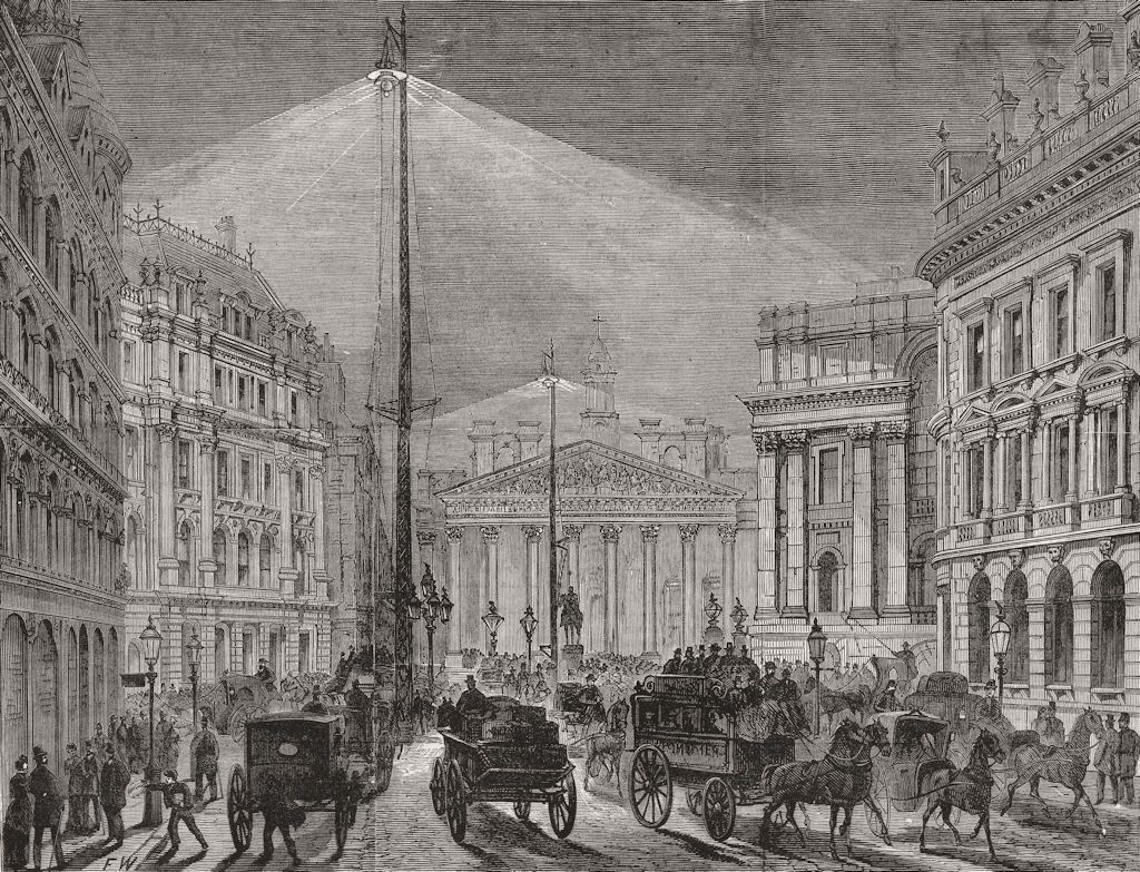 LONDON. Electric light, Mansion House 1881 old antique vintage print picture