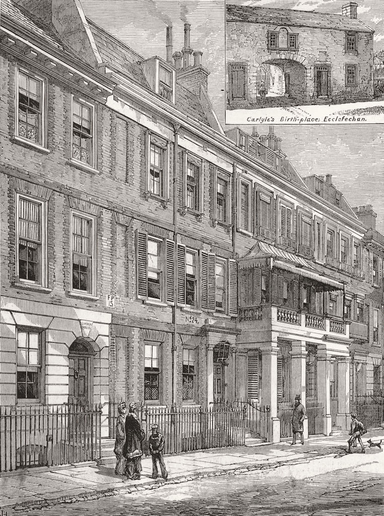 LONDON. Cheyne Row, Chelsea, Thomas Carlyle house 1881 old antique print