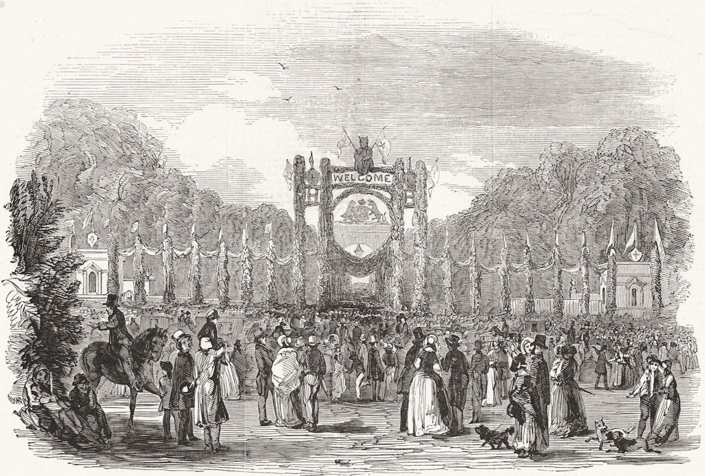 HAREWOOD HOUSE. Triumphal Arch-Tenants parade  1845 old antique print picture