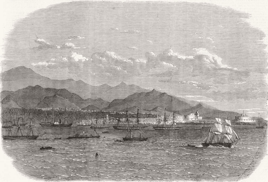 PERU. Harbour of Callao. Peruvian fleet at Anchor 1865 old antique print