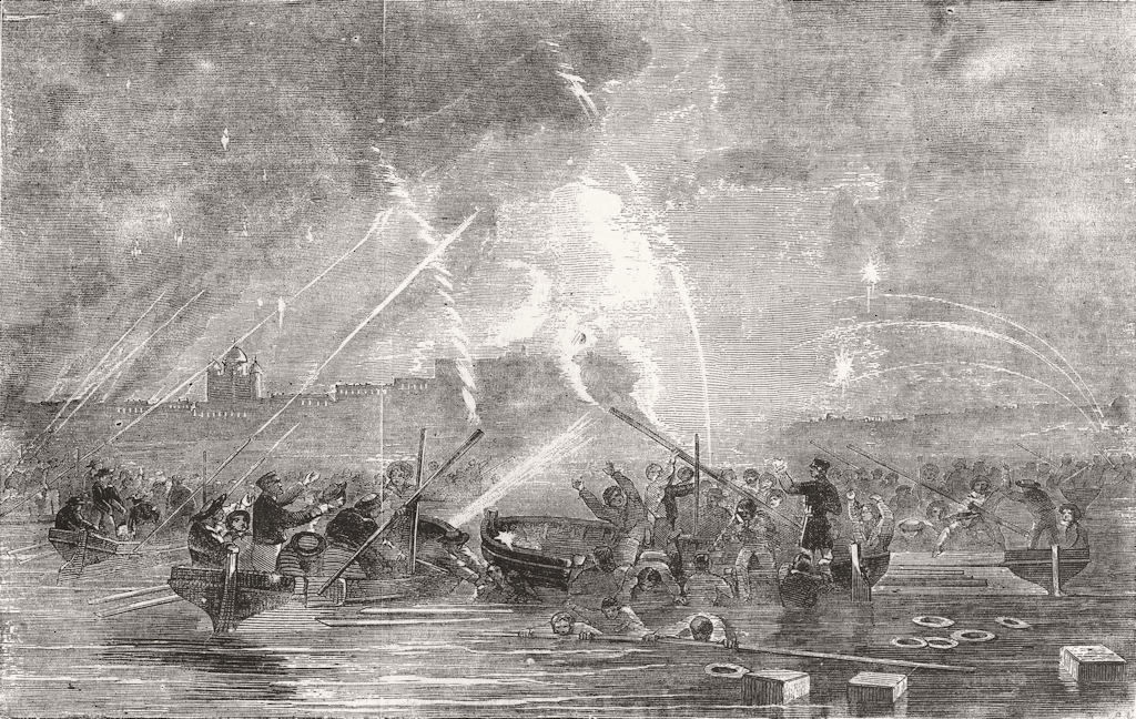 FINLAND. Shelling of Suomenlinna-Rocket Boats 1855 old antique print picture