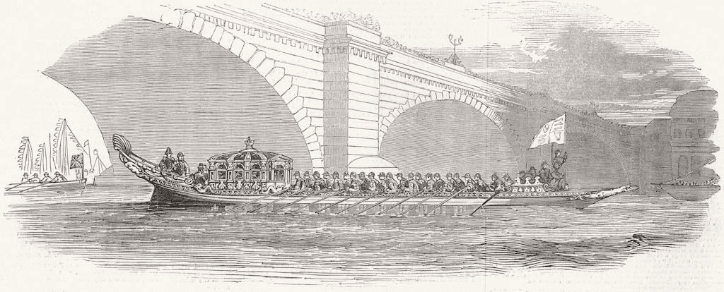 LONDON. Royal Barge passing Bridge 1849 old antique vintage print picture