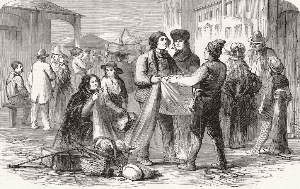 CANADA. Montreal Market. Habitans purchasing cloth 1859 old antique print