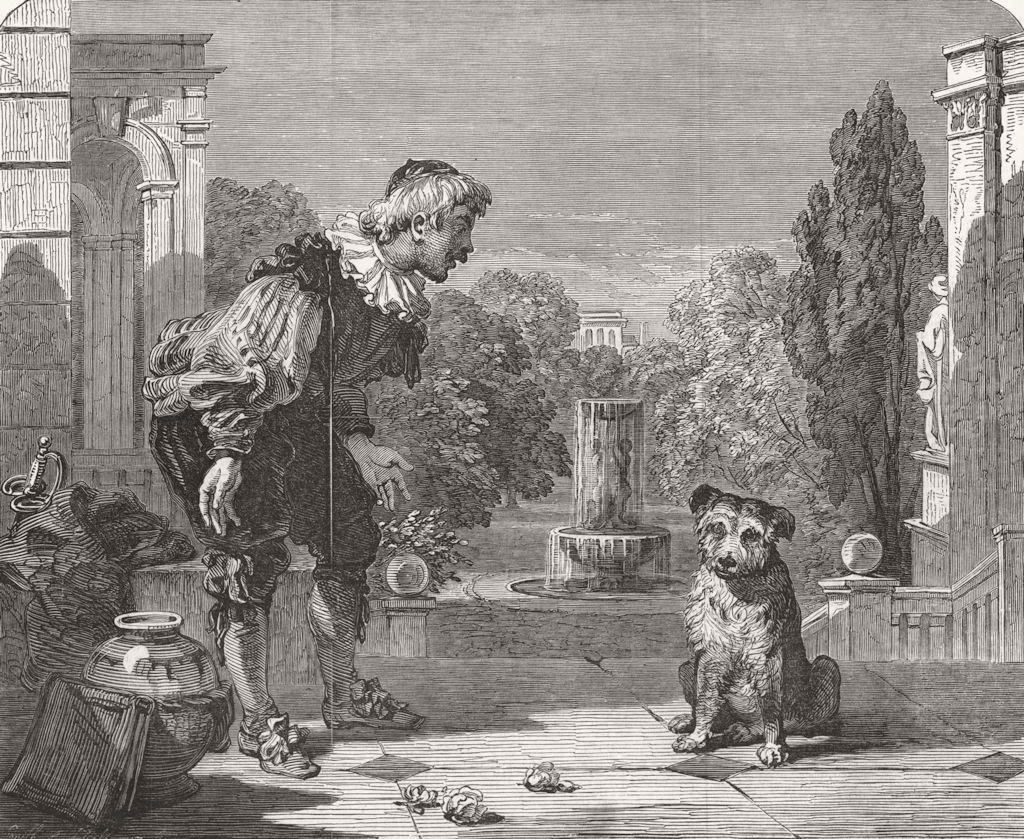 DOGS. Fine arts. Lance reproving his dog 1850 old antique print picture