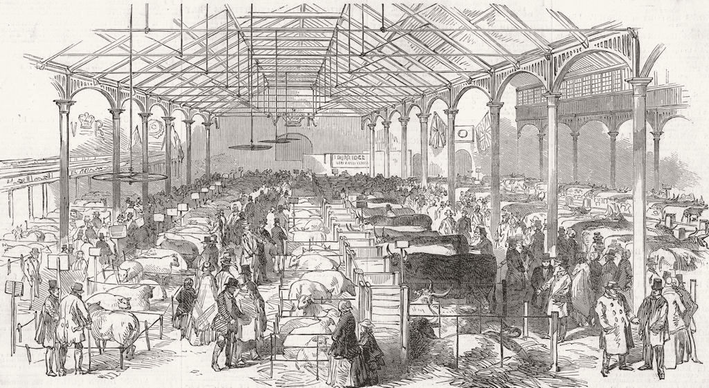 WARCS. Farm show, Bingley Hall, Birmingham 1850 old antique print picture