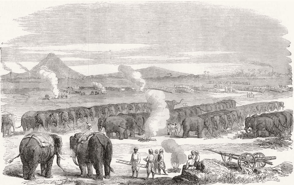 Associate Product INDIA. Mutiny. Elephant Camp, Raneegunge 1858 old antique print picture