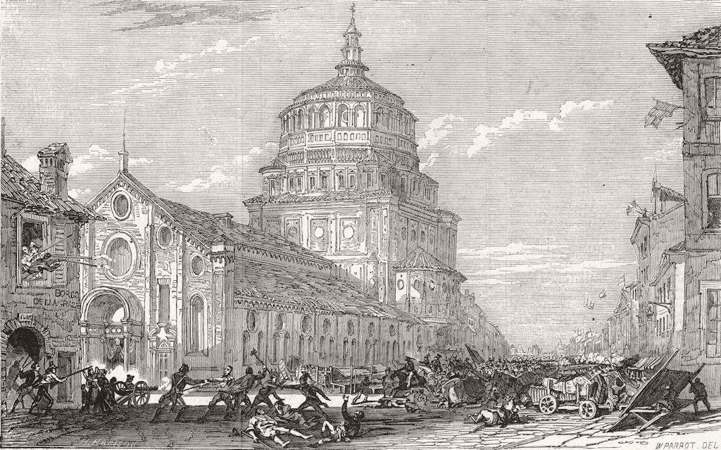 ITALY. Insurrection, Milano-church of Grazia 1848 old antique print picture
