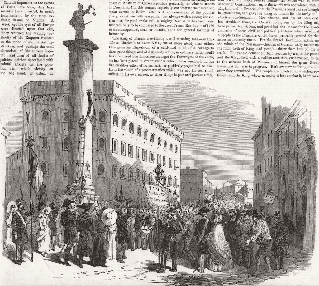 ITALY. Demo, Florence, favour of new ministry 1848 old antique print picture