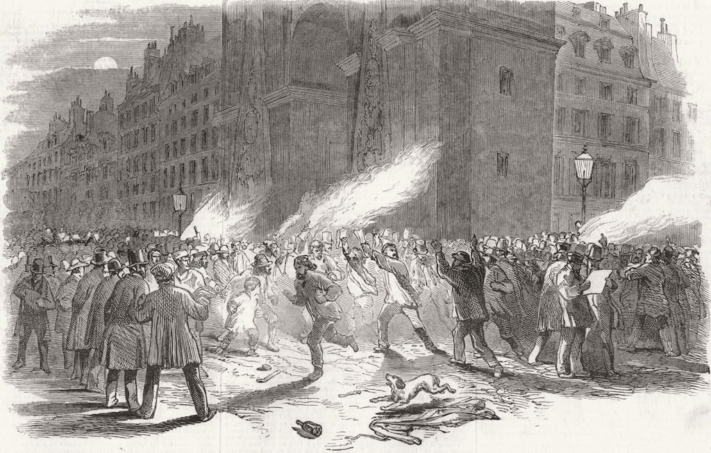 PARIS. Burning of electoral lists, Porte St Denis 1848 old antique print