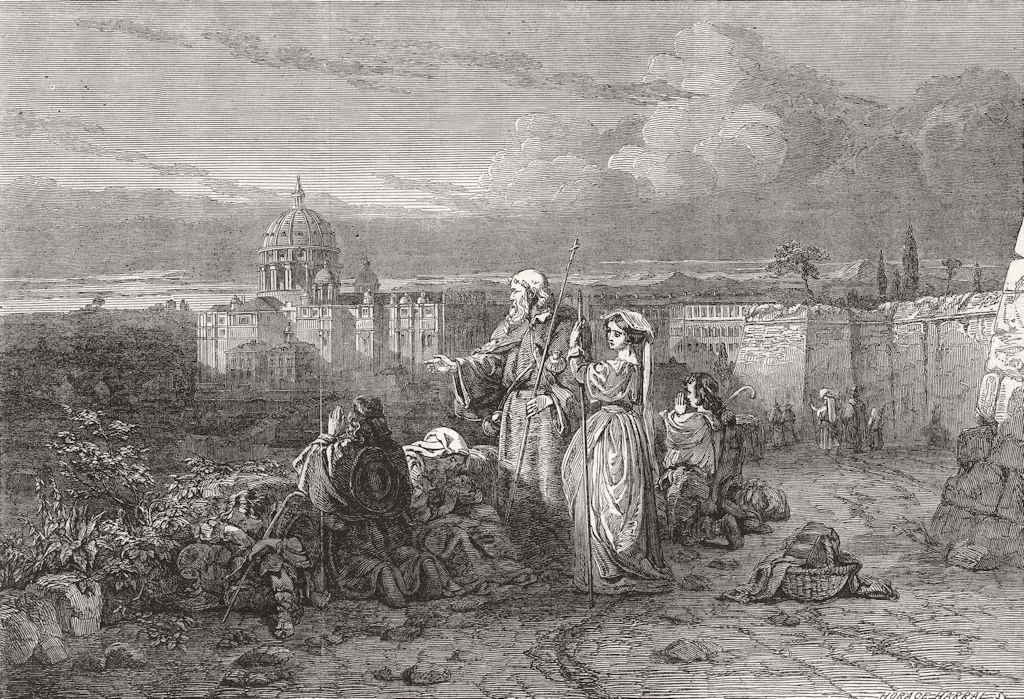 ITALY. No 59-pilgrims, sight of St Peter's, Rome 1850 old antique print