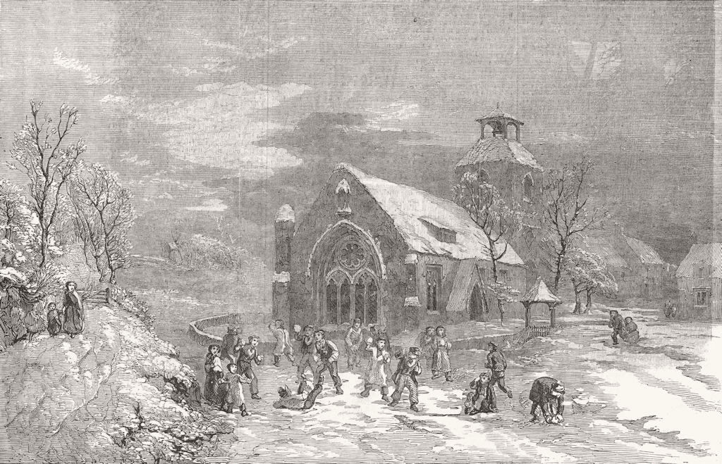 CHRISTMAS. Snowballing 1853 old antique vintage print picture